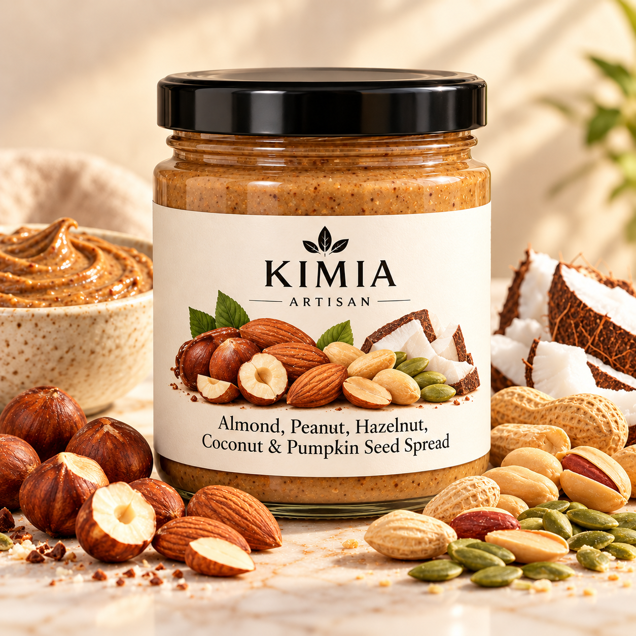 almonds, peanuts, hazelnuts, coconut and pumpkin seeds